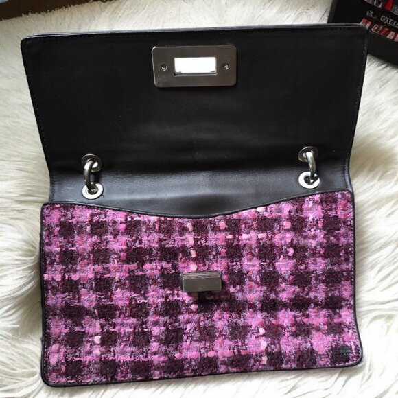 DONALD J PLINER Quilted Wool Pink Black Plaid Dark Brown Leather Shoulder Purse - Picture 4 of 6